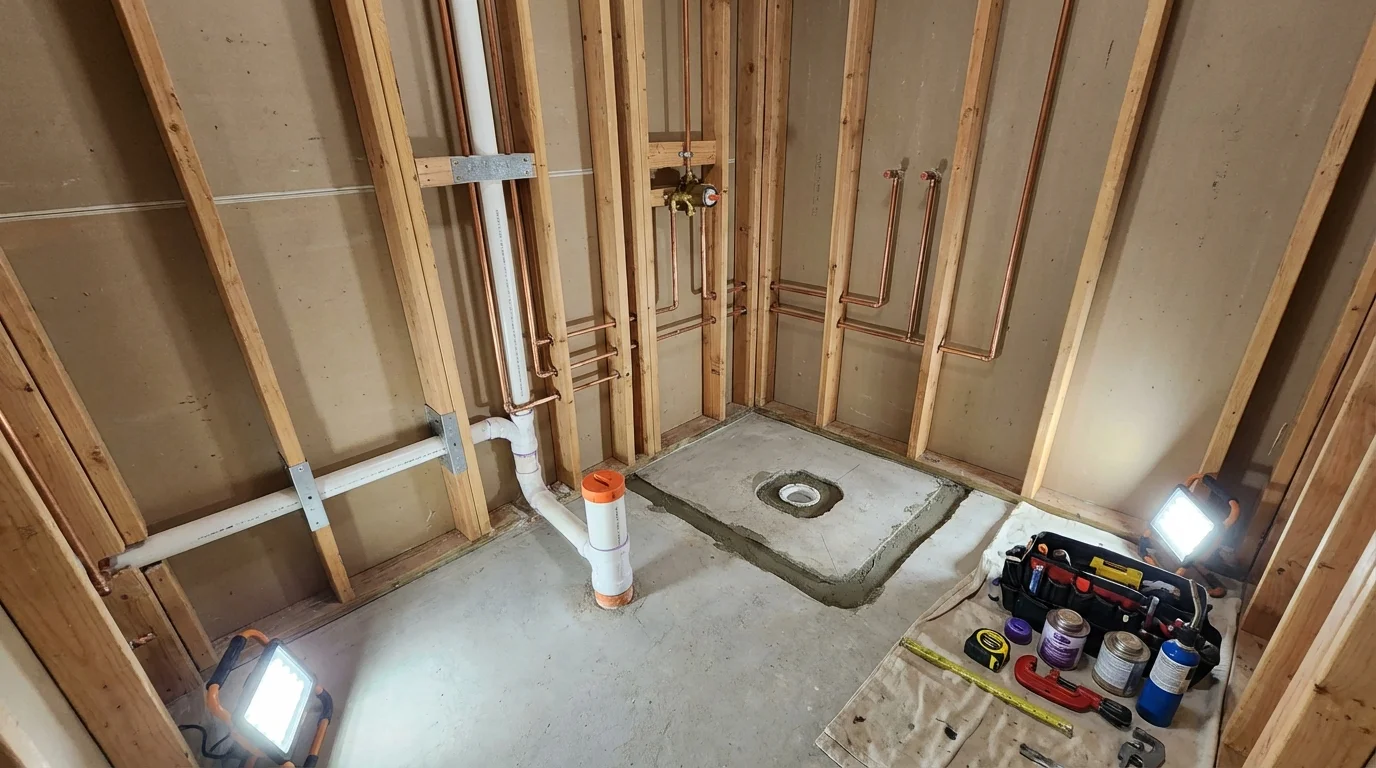 Bathroom rough-in plumbing during remodel by Johns Plumbing LLC in Burgettstown