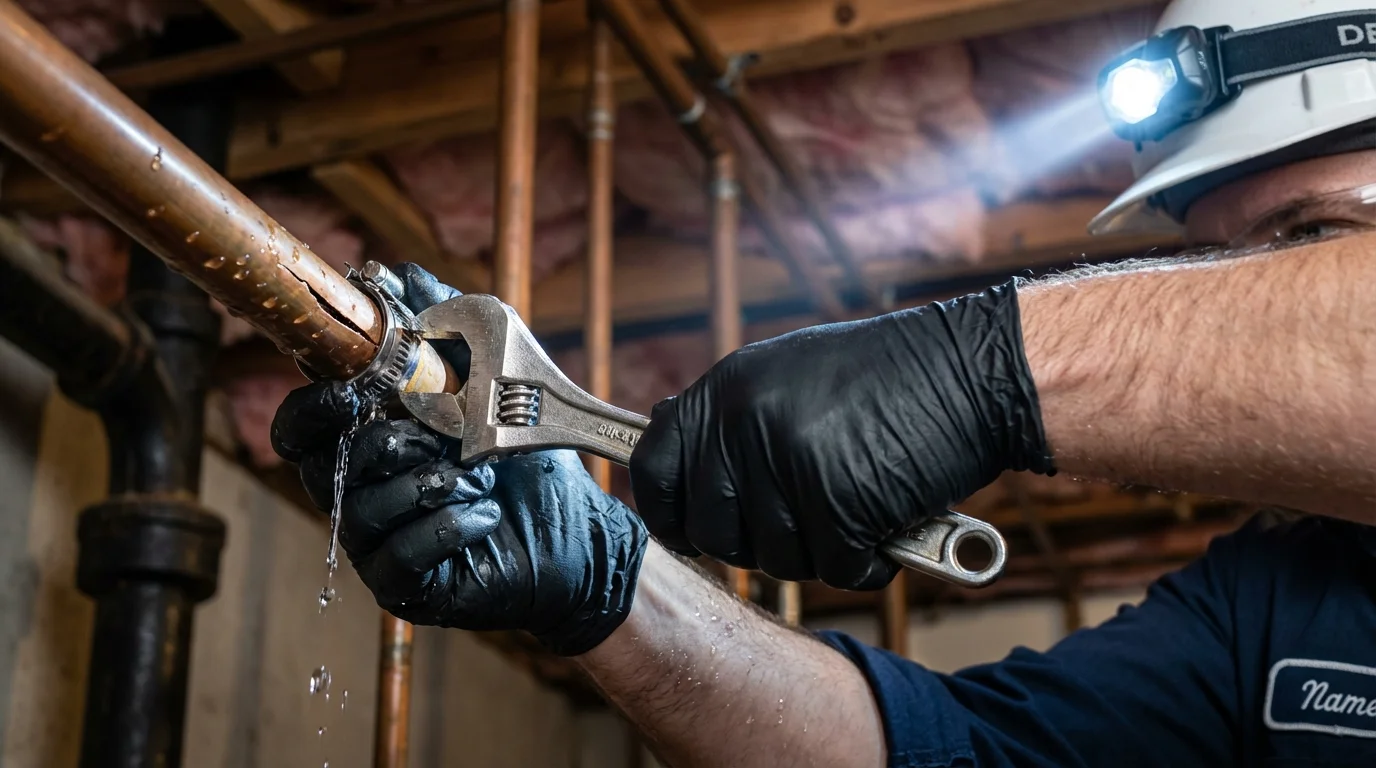 Emergency pipe clamp repair being performed by a Johns Plumbing LLC plumber in Burgettstown