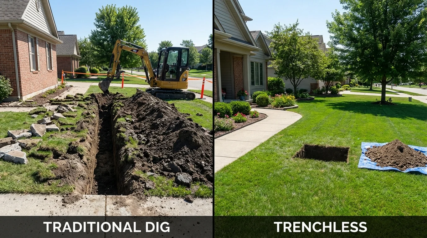 Trenchless sewer repair with minimal yard damage versus traditional excavation in Burgettstown, PA
