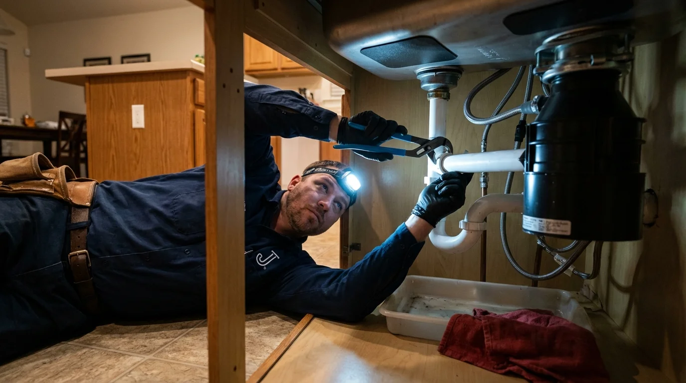 P-trap and supply line connections under a kitchen sink showing a common leak point in Burgettstown, PA